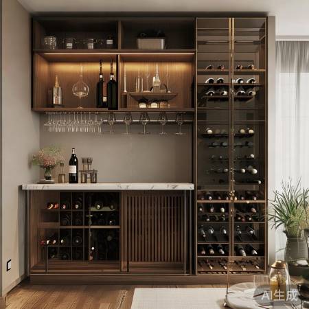 酒柜旁设吧台,上方储物巧利用